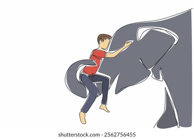 Single continuous line drawing an elephant is lifting a man with its trunk. An expression gratitude of animal to humans. Caring. Affection. Save The Elephant Day. One line design vector illustration