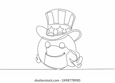 Single continuous line drawing emoticon wearing an American hat with a gesture pointing forward. Uncle Sam pose. Emoji that can be used as mascot. Living character. One line design vector illustration