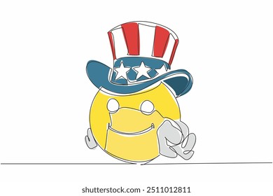 Single continuous line drawing emoticon wearing an American hat with a gesture pointing forward. Uncle Sam pose. Emoji that can be used as mascot. Living character. One line design vector illustration