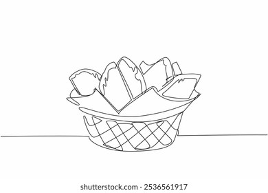 Single continuous line drawing empanadas arranged on a wicker rattan and tissue container. Packaged meals provided by the restaurant. Tasty. National Empanada Day. One line design vector illustration