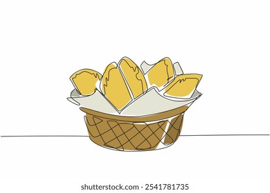 Single continuous line drawing empanadas arranged on a wicker rattan and tissue container. Packaged meals provided by the restaurant. Tasty. National Empanada Day. One line design vector illustration