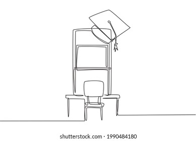 Single continuous line drawing empty study chairs and desks facing smartphone screen in which there is whiteboard and graduation cap on top. Dynamic one line draw graphic design vector illustration