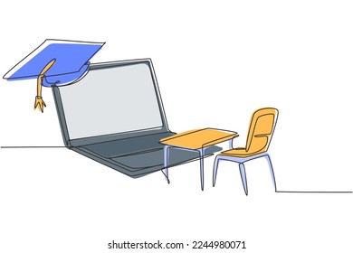 Single continuous line drawing empty study chairs and desks facing giant laptop screen in which there is blackboard and graduation cap on top. Dynamic one line draw graphic design vector illustration