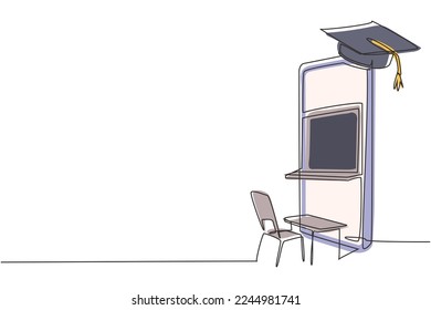 Einzelne durchgehende Linie zeichnen leere Stuhl-und Schreibtische gegenüber Smartphone-Bildschirm, in dem es schwarze Tafel und Graduierdeckel oben. Dynamische Einzeilengrafik-Grafik, Vektorgrafik