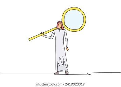 Single continuous line drawing of energetic young Arabian businessman stood up carrying a huge magnifier on his shoulders. The concept of seeking success elsewhere. One line design vector illustration