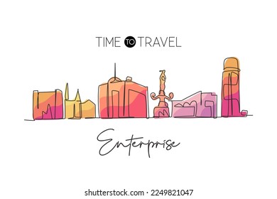 Single continuous line drawing Enterprise city skyline, Alabama. Famous city scraper landscape. World travel home wall decor art poster print concept. Modern one line draw design vector illustration