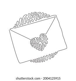Single continuous line drawing envelope sealed with heart. Love letter or affectionate greeting card. Messages of love and happiness. Swirl curl circle background style. Dynamic one line draw graphic