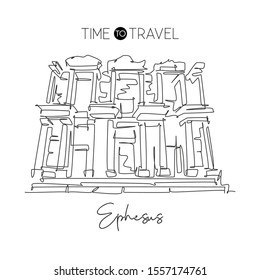 Single continuous line drawing Ephesus Ancient Greek landmark. Beauty famous place in Selçuk Ismir, Turkey. World travel wall decor poster art concept. Modern one line draw design vector illustration