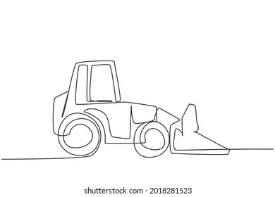 Single continuous line drawing excavator bulldozer with moving backhoe. Construction industry and machinery concept. Heavy automobile transportation. One line draw graphic design vector illustration