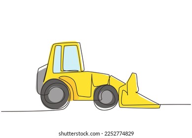 Single continuous line drawing excavator bulldozer with moving backhoe. Construction industry and machinery concept. Heavy automobile transportation. One line draw graphic design vector illustration