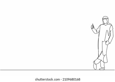 Single continuous line drawing excited Arabic businessman dressed in formal wear showing thumbs up sign and leaning against the wall. Deal, like, agree, approve, accept. One line graphic design vector