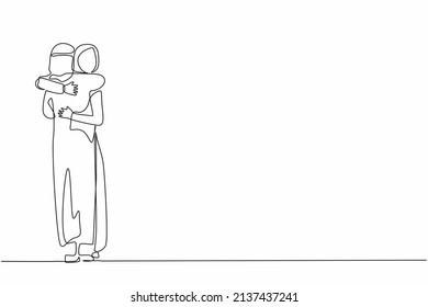 Single continuous line drawing excited wife embracing beloved husband at home on return from business trip. Happy Arabian couple cuddling celebrating anniversary. One line draw graphic design vector