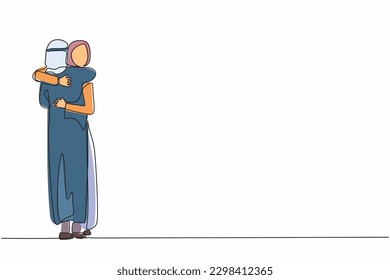 Single continuous line drawing excited wife embracing beloved husband at home on return from business trip. Happy Arabian couple cuddling celebrating anniversary. One line draw graphic design vector