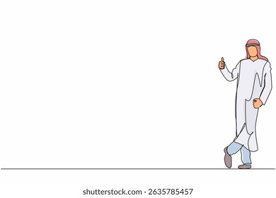 Single continuous line drawing excited Arabic businessman dressed in formal wear showing thumbs up sign and leaning against the wall. Deal, like, agree, approve, accept. One line graphic design vector