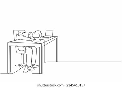 Single continuous line drawing exhausted sick tired male manager in office sad boring sitting with head down on laptop. Frustrated worker mental health problems. One line draw graphic design vector