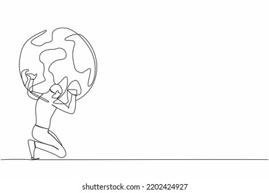 Una línea continua dibujando a un empresario exhausto cargando un pesado globo en la espalda. Explotación de la Tierra, contaminación industrial, recursos naturales. Crisis económica mundial. vector de diseño de trazos de una línea
