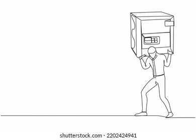 Single continuous line drawing exhausted businessman carrying heavy safe deposit box on his back. Money loss in COVID-19 crisis, worker with debt, bankruptcy. One line draw design vector illustration