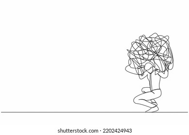 Single Continuous Line Drawing Exhausted Businessman Carrying Heavy Messy Line On His Back. Anxiety From Work Difficulty And Overload, Problem In Economic Crisis. One Line Design Vector Illustration