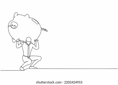 Single continuous line drawing exhausted businessman carrying heavy piggy bank on his back. Manager with financial problems. Losing money in economic crisis. One line draw design vector illustration