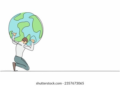 Single continuous line drawing exhausted businessman carrying heavy globe on his back. Earth exploitation, industrial pollution, natural resources. World economic crisis. One line draw design vector