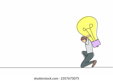 Single continuous line drawing exhausted businessman carrying heavy light bulb on his back. Uninspired or no idea after business failure, burnout in crisis. One line graphic design vector illustration