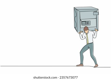 Un único y continuo dibujante agotado hombre de negocios cargando una pesada caja fuerte en la espalda. Pérdida de dinero en la crisis COVID-19, trabajador con deuda, bancarrota. Ilustración vectorial de diseño de líneas de una línea