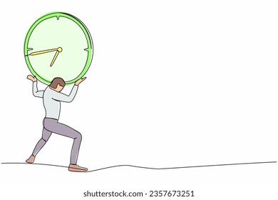 Einzelne kontinuierliche Zeichnung ermüdete Geschäftsmann, der schwere Uhr auf dem Rücken trug. Stressgeübter Arbeitnehmer, der unter Druck arbeitet, um den Projektzeitpunkt zu erreichen. Eine Zeile Grafik-Design, Vektorgrafik-Illustration