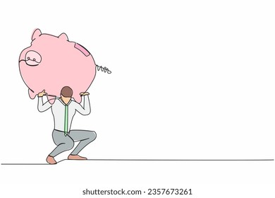 Single continuous line drawing exhausted businessman carrying heavy piggy bank on his back. Manager with financial problems. Losing money in economic crisis. One line draw design vector illustration