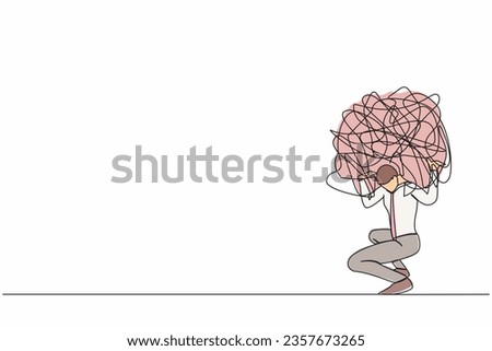 Single continuous line drawing exhausted businessman carrying heavy messy line on his back. Anxiety from work difficulty and overload, problem in economic crisis. One line design vector illustration
