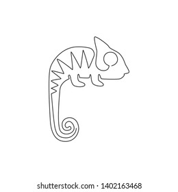 Single continuous line drawing of exotic chameleon mascot concept for reptilian zoo. Beautiful reptile animal for company logo identity. Trendy one line draw vector graphic design illustration