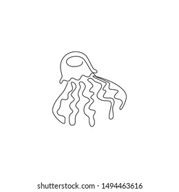 Single continuous line drawing of exotic jellyfish for company logo identity. Sting animal mascot concept for national conservation aquarium icon. Modern one line draw design vector illustration
