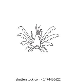 Single continuous line drawing of exotic stripped lionfish for company logo identity. Undersea monster mascot concept for aquatic conservation icon. Modern one line draw design vector illustration