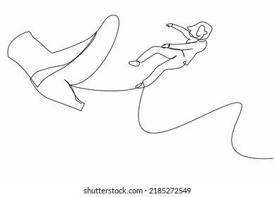 Single continuous line drawing failed businesswoman big foot kicking little women. Female employee kicked out by bigfoot, become unemployed from company. One line graphic design vector illustration