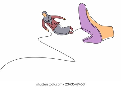 Single continuous line drawing failed Arab businesswoman getting fired, flying through air after being kicked in the back. Minimalism metaphor concept. One line draw graphic design vector illustration