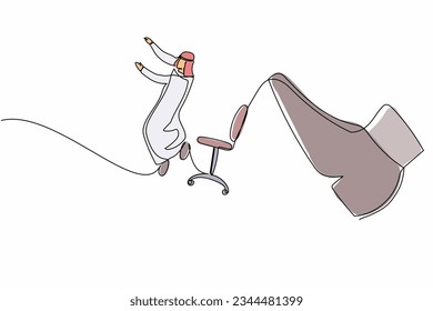 Single continuous line drawing failed small Arab businessman kicked out by big foot. Manager kick away from chair by giant feet. Minimalism metaphor. One line draw graphic design vector illustration
