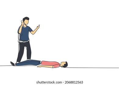 Una sola persona de desvanecimiento de dibujo de línea continua. Situación de emergencia, persona inconsciente en el suelo. Ayuda médica, hombre que llama al servicio de emergencia para mentir en el suelo masculino. vector de diseño de trazos de una línea