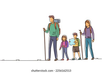 Single continuous line drawing family goes camping. Young parents and their children, boy and girl hiking, with backpacks, maps, mats, compass. Family, leisure concept. One line draw design vector