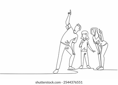 Single continuous line drawing a family gathered as the father pointed upwards. The father showed a beautiful object far up there. Amazing. Look Up at The Sky Day. One line design vector illustration