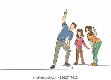 Single continuous line drawing a family gathered as the father pointed upwards. The father showed a beautiful object far up there. Amazing. Look Up at The Sky Day. One line design vector illustration