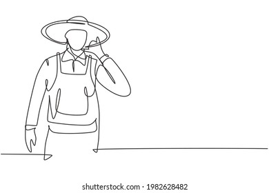 Single continuous line drawing farmer with call me gesture wearing straw hat and uniform working on farm at village. Success business concept. Dynamic one line draw graphic design vector illustration