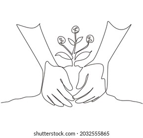 Single continuous line drawing farmer hands growing young money tree. Money tree investment growth income interest savings economy financial business. One line draw graphic design vector illustration