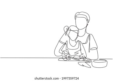 Single continuous line drawing father teaching his little daughter to cut vegetables and fruit. Healthy food at home. Happy family in kitchen. Dynamic one line draw graphic design vector illustration