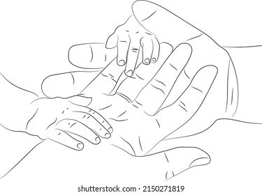 Una sola línea contínua dibujando a padre, madre e hijo tomándose de la mano. Ilustración concepto de mano familiar. Esbozo dibujado a mano sosteniendo las manos.
