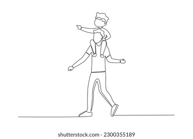 Single continuous line drawing father holding son on his shoulders while son pointing forward. Global Day Parent Concept