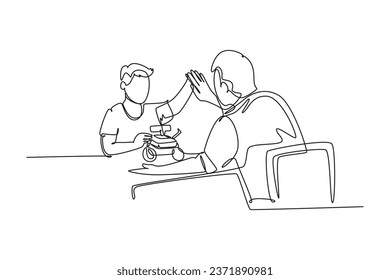 Single continuous line drawing father accompany his kid playing a robot action figure model kit and gives high five gesture. Parenting concept. Dynamic one line draw graphic design vector illustration