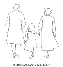 Single continuous line drawing of father and mother. Back view of parents with one child holding hands and walking together. Grandfather, grandmother, granddaughter in one line. Vector