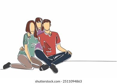 Single continuous line drawing father and mother sitting hugged by daughter from behind. Warmth gathers. Something that rarely happens. Forgive Mom and Dad Day. One line design vector illustration