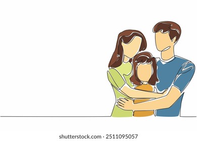 Single continuous line drawing father and mother hug their daughter.  Persuade. Woo. Try to give understanding. Promise rewards. Seduction. Forgive Mom and Dad Day. One line design vector illustration