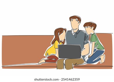 Single continuous line drawing father open laptop on sofa accompanied by son and daughter. Working from home. Parenting. Caring. Loving. National Single Parent Day. One line design vector illustration