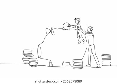 Single continuous line drawing father holding his son who wants to put big coins into the piggy bank. Teach in every condition. National Teach Children to Save Day. One line design vector illustration